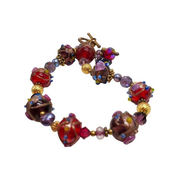 Artisan Wedding Cake Glass Bead Bracelet 22k GF Hand Blown Toggle Clasp Red - Picture 16 of 16